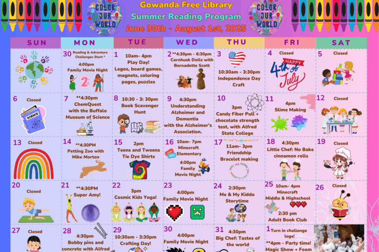 Summer Reading Program Calender June 30th-August 1st, 2025