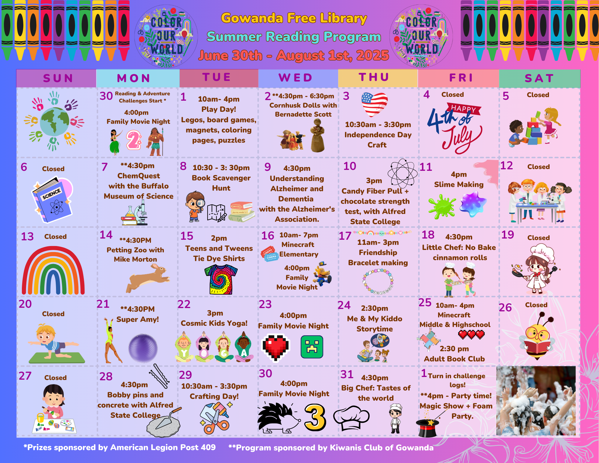 Summer Reading Program Calender June 30th-August 1st, 2025